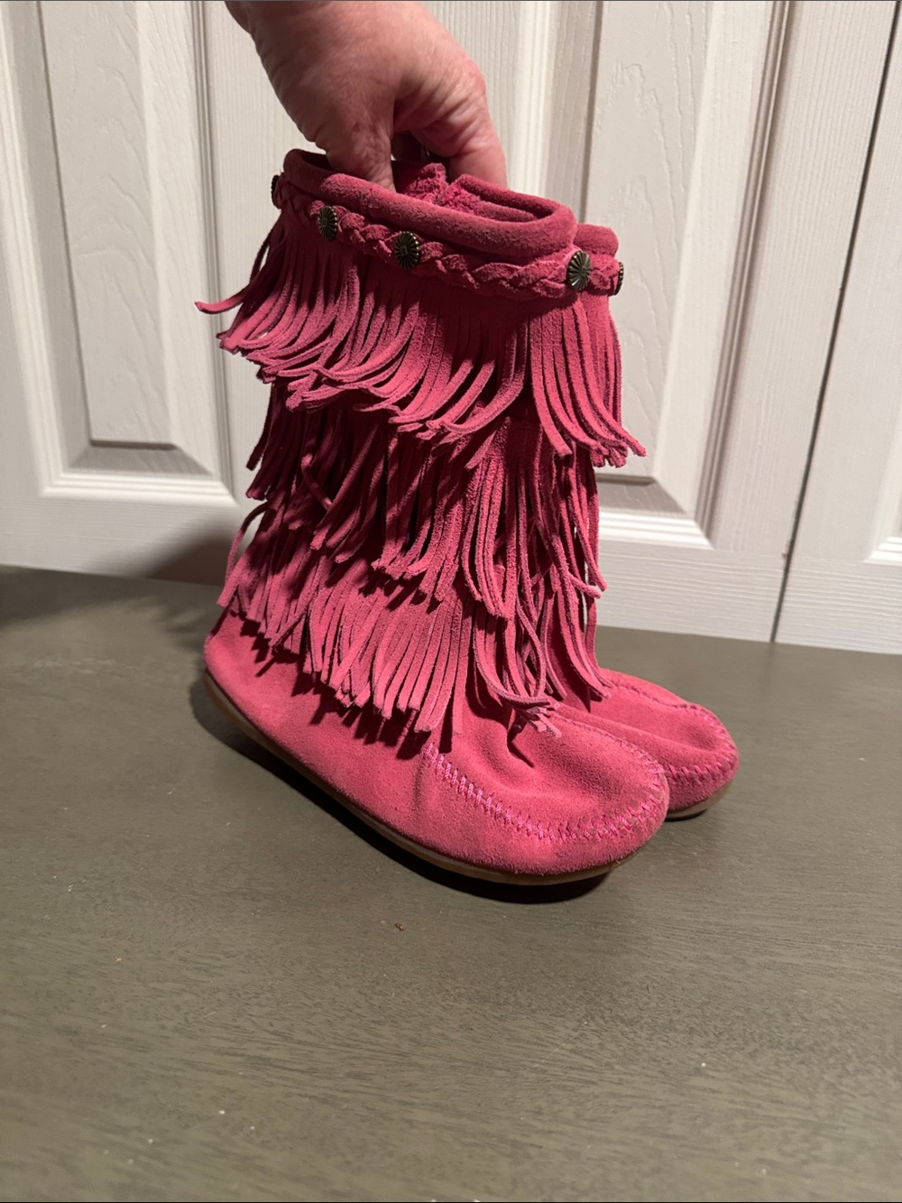 Minnetonka Pink Suede Fringe Moccasin Boots